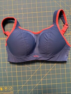 Panache Teal/Blue Sports Bra with Coral Trim, non-wired. 32D